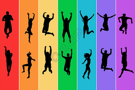 人们在彩虹背景上跳跃的剪影图片