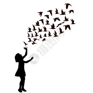 一个女孩与鸟儿飞翔的剪影图片
