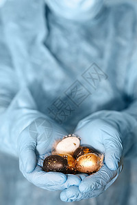手放在医疗手套上 戴着现代喷漆的东边鸡蛋 有选择性的焦点危机流感感染蓝色乳胶卫生季节安全面具假期图片