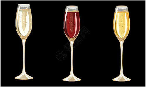 黑色背景上不同香槟杯的颜色酒精周年液体纪念日派对长笛男人假期酒吧玻璃图片
