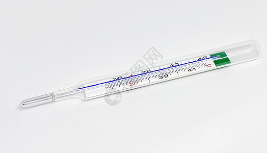 a 在白色背景上隔离的汞温度计医生流感乐器摄氏度疾病医疗蓝色保健治疗实验室图片