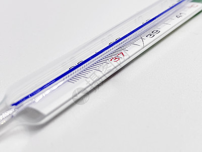 a 在白色背景上隔离的汞温度计工具医疗蓝色实验室科学疼痛流感手术医院玻璃图片