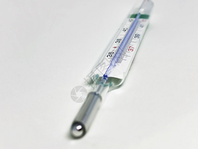 a 在白色背景上隔离的汞温度计玻璃乐器保健温度药品药店摄氏度发烧蓝色流感图片