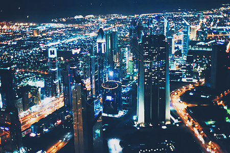 阿拉伯联合酋长国迪拜的空中夜景 大城市风景城市景天线运输摩天大楼奢华建筑市中心地标都市街道酒店图片