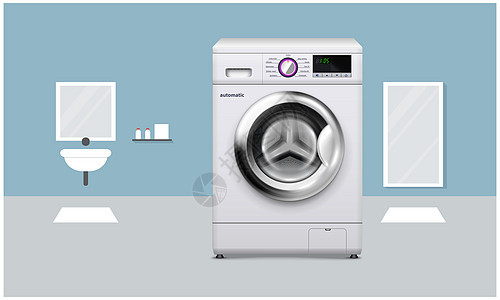 洗手间看电子洗衣机的模拟插图在浴室观看窗户白色旋转家庭洗衣店小样衣服家电洗涤剂技术图片