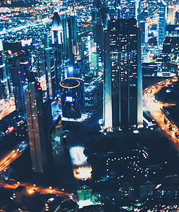 阿拉伯联合酋长国迪拜的空中夜景 大城市风景城市景天线奢华市中心酒店景观地标假期街道运输都市图片