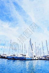 水彩画印刷 夏季海上游艇框架绘画海报艺术家海洋装饰艺术天空帆布打印图片
