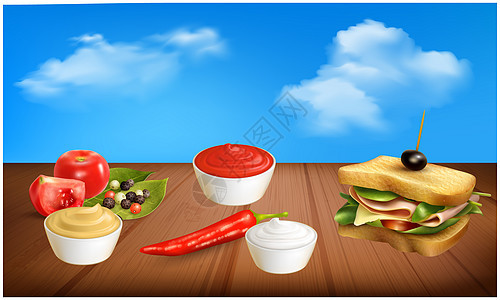 抽象背景的三明治和不同调味料的模拟插图 以抽象背景汉堡午餐蔬菜广告包子面包手绘食物食谱文化图片