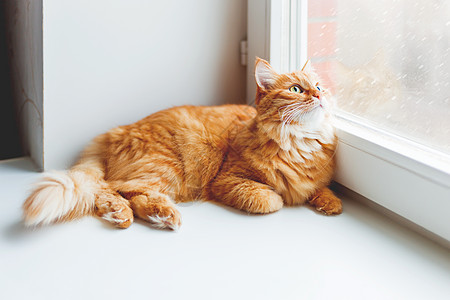 坐在窗台上看着落雪的可爱的姜猫 家居背景舒适 宠物也毛茸茸的图片