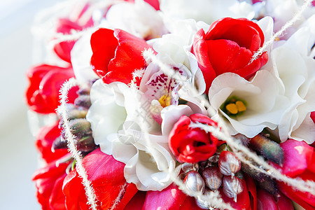 传统花卉配有明亮的红色郁金香 在阳光下闪亮浪漫情人婚礼订婚作品婚姻宏观新娘背景图片