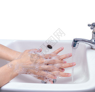 妇女用肥皂泡沫和自来水在浴室洗手成人消毒清洁度医院皮肤流感龙头护士卫生间身体图片