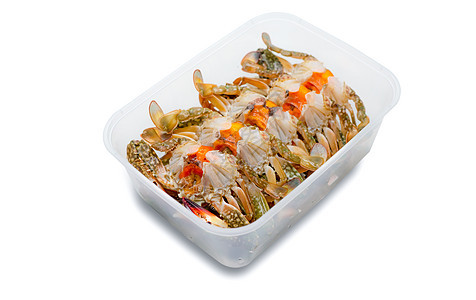 装在塑料箱中送货的鱼酱袋中的捕捉螃蟹蛋服务情调烹饪过敏商业节日菜单食物海鲜文化图片