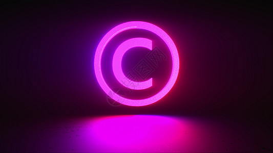 在深色背景计算机生成的数字符号上旋转霓虹灯版权标志 版权保护的 3d 渲染图片