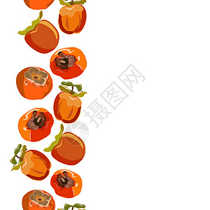 梨边框Persimmon 手绘制无缝垂直边界矢量插图橙子线条作品剪贴簿食物沙龙饮食柿子种子热带背景