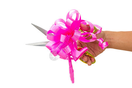 男子用剪刀和粉色弓砍手 隔离店铺工具程序礼物推介会划分门厅仪式剪子套装图片