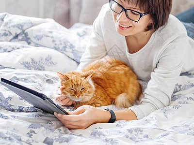 可爱的姜猫和戴眼镜的女人躺在床上 女人拿着平板电脑摸着她的毛绒宠物 早安猫科女士猫咪投标女孩情感药片电子工具中风图片