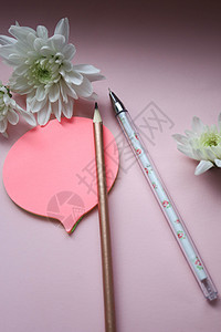 用笔 铅笔和花贴在粉红背景上的贴纸框架职场蓝色女孩学校蜡笔日记魅力绘画办公室图片