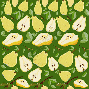 绿色背景上带有叶子无缝图案的黄色和橙色多汁切片梨剪贴簿食物饮食打印墙纸插图水果包装作品种子图片