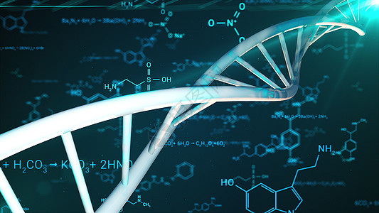 DNA 双螺旋和计算机生成的化学公式 医学研究背景的 3d 渲染技术线条旋转编队电脑生物学化学品结构实验科学图片