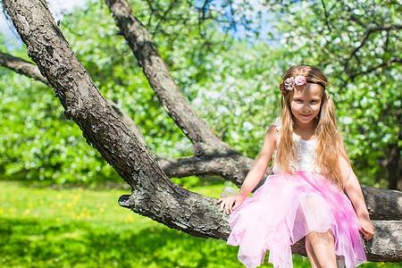 可爱的小女孩坐在苹果园花生树上的小可爱女孩女儿苹果树幸福孩子喜悦童年戏服享受情感婴儿图片