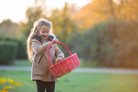 在寒冷的秋天户外 带着篮子的可爱小女孩橙子叶子晴天乐趣幸福树木微笑童年季节树叶图片