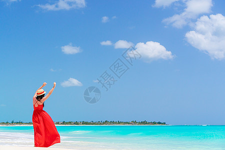 热带沙滩度假时戴帽子的年轻女子 快乐女孩享受节假日的背影自由海滩成人女士海岸支撑女性蓝色闲暇游客图片