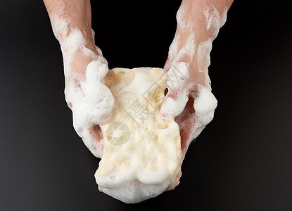 两只女性手在白肥皂泡沫中 握着湿海绵擦卫生家务洗涤剂清洁剂液体清洁工美食擦洗洁净消毒图片