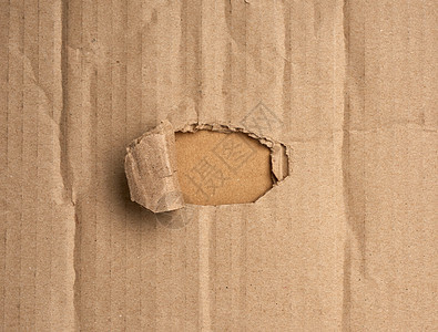 棕色纸板纸上有撕裂和弯曲边缘的孔边界空白损害工艺纸盒框架休息卷曲圆圈白色图片