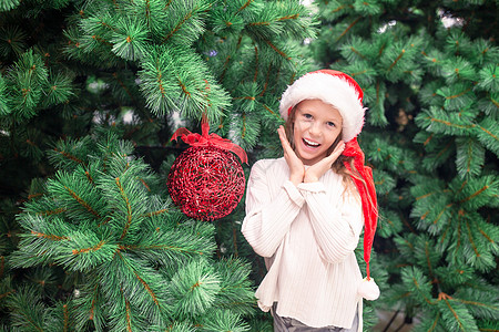 新的一年 在雪地的fir tree树枝附近的小快乐女孩微笑手套假期地标森林喜悦雪花女儿幸福礼物图片