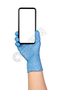 用蓝色保护手套手握的空白智能手机电脑医疗细菌白色保健职员展示工作卫生电子图片