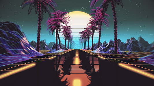 80 年代复古未来科幻背景  VJ 视频游戏风景与霓虹灯图形日落太阳星星海报电脑音乐派对动态逆波背景图片