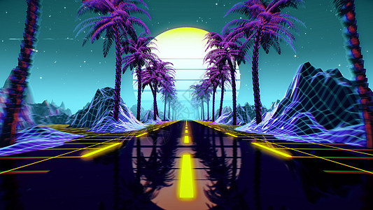 80 年代复古未来科幻背景  VJ 视频游戏风景与霓虹灯太阳紫色日落夜空合成器电脑派对逆波星系图形背景图片