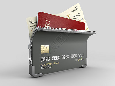 3d 渲染带拉链的信用卡和带票证的护照 包括剪裁路径图片