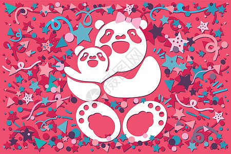 熊猫脚印母亲与熊家庭日艺术熊猫礼物假期童年插图女孩庆典问候语海报背景
