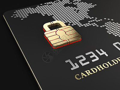信用卡安全芯片的 3d 插图作为挂锁 安全银行图片