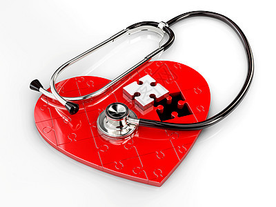 白色背景上带听诊器的红色拼图心的 3d 插图外科攻击中风动脉桌子卫生心脏病手术阀门礼物图片