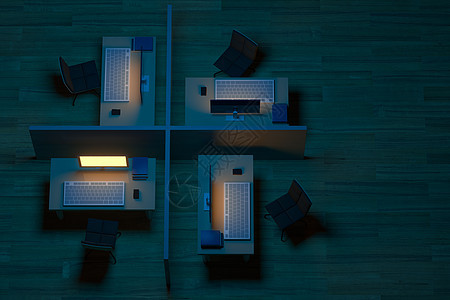 深色背景的办公室模型和木地板 3d 渲染电脑团体技术地面商业工作监视器家具小样风格图片