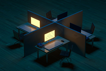 深色背景的办公室模型和木地板 3d 渲染商业团体房间椅子建筑学桌面展示职场装饰电脑图片