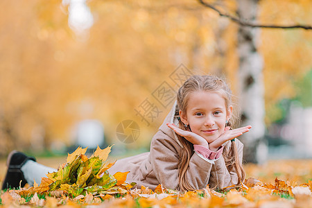 在美丽的秋天户外的美丽秋天 可爱的小女孩季节快乐幸福孩子们乐趣晴天公园树叶活动天气图片
