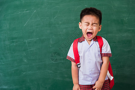 幼儿园男孩穿着学生制服 带书包S的校服黑板快乐背包童年孩子们教育瞳孔学习学校木板图片