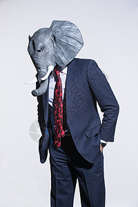 浅色背景上戴着大象面具的男人商业白色戏服人士西装衣冠狂欢男性虚幻摄影图片