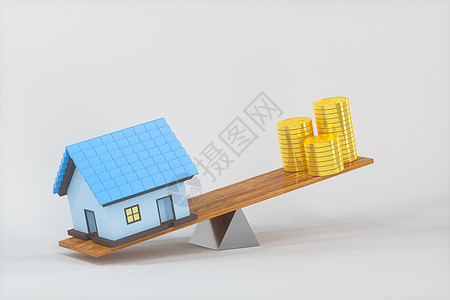 金钱和房屋的平衡 抽象的概念 三感储蓄蓝色住房财富资产银行业货币房子订金投资图片