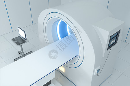 白色空房间的医疗设备CT机 3D翻接x光外科技术手术蓝色扫描预防诊所治疗探测器图片