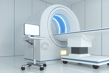 白色空房间的医疗设备CT机 3D翻接蓝色外科医生药品预防渲染治疗计算机化x光技术图片