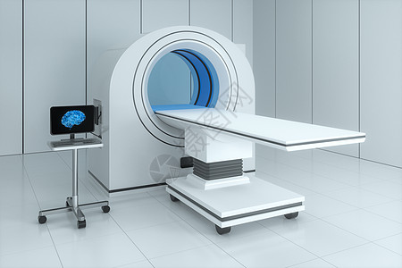 白色空房间的医疗设备CT机 3D翻接实验室考试疾病程序蓝色健康探测器检测预防手术图片