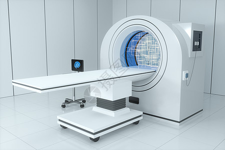 白色空房间的医疗设备CT机 3D翻接扫描器创新蓝色程序医生放射科计算机化渲染实验室技术图片