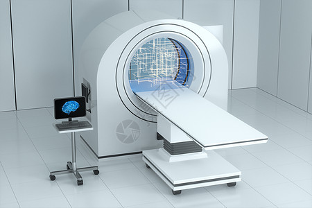 白色空房间的医疗设备CT机 3D翻接机器考试医生医院断层扫描器放射科蓝色诊所药品图片