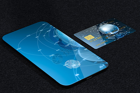 银行卡和具有指纹识别特征的移动电话 3D真伪信用卡银行业网络蓝色渲染卡片安全奢华技术订金图片