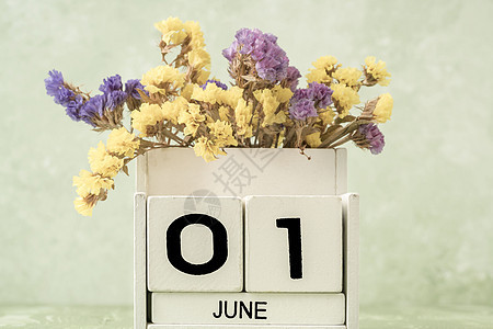 带复制空间的绿色背景上的 June 白色立方体日历花束桌子日记数字木头黄色紫色时间规划师季节图片