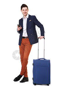 在孤立的白色背景下 携带移动电话和袋袋的旅游商务商;图片